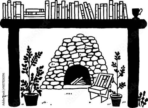 Minimalistic black and white fireplace with chair and bookshelf illustration