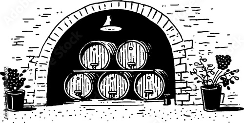 Rustic wine cellar with barrels and grapevine - minimalistic black and white illustration for vintage design