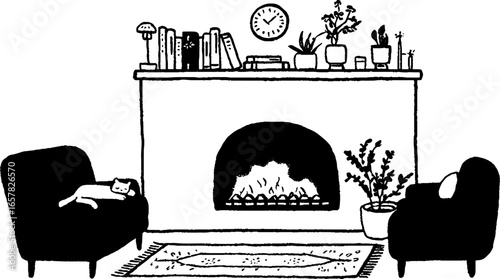 Cozy living room scene with fireplace and minimalistic black and white design