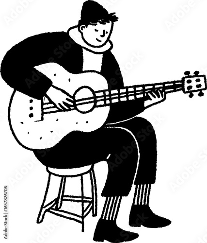 Minimalistic black and white illustration of a person playing guitar