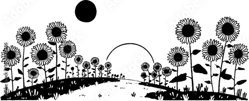 Minimalistic black and white sunflower landscape illustration for art and design