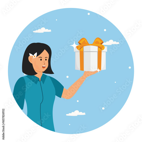 Special loyalty program concept. Woman giving gift box with ribbon.