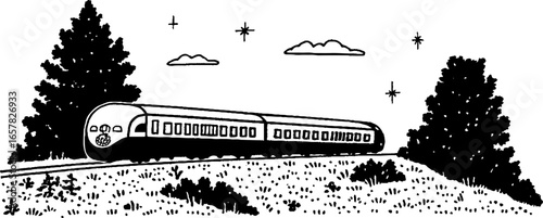 Minimalistic black and white train illustration in scenic landscape