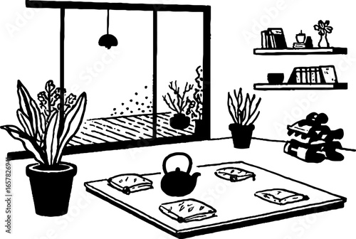Minimalist black and white illustration of tranquil japanese tea room with zen decor