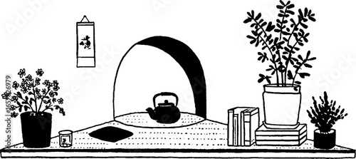Minimalistic black and white illustration of a tranquil interior scene with teapot and plants