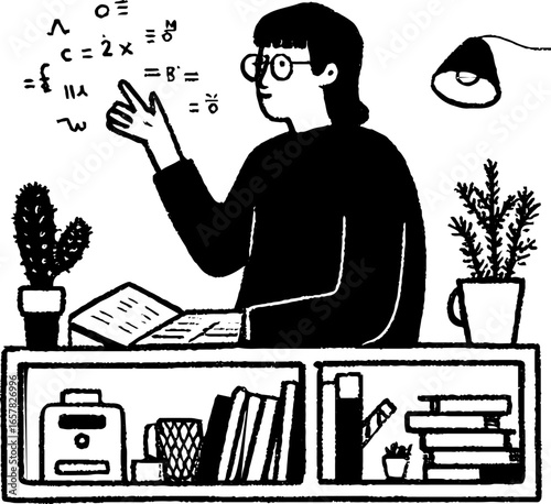 Minimalistic black and white illustration of a person studying mathematics with books and plants