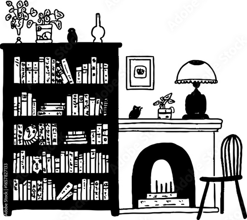 Minimalistic black and white illustration of a cozy interior with bookshelf and fireplace