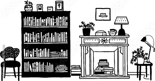 Minimalistic black and white interior illustration with bookshelf and fireplace