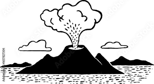 Minimalistic black and white volcano eruption illustration for design projects