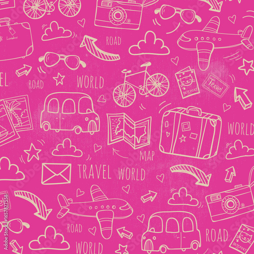 Seamless monochrome pattern on checkered paper. Icon set of elements for summer vacation travel, hand drawn vector doodles in line style. Line contour in sketch style.