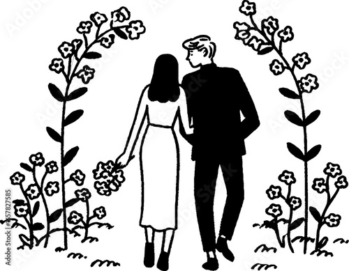 Minimalistic black and white illustration of a romantic stroll through flower garden