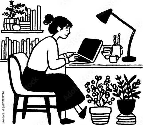 Minimalistic work from home scene with woman using laptop in black and white