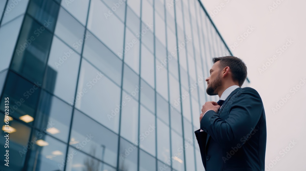 Business professional adjusting tie while gazing at modern glass office building in urban setting Business professional adjusting tie while gazing at modern glass office building in urban setting