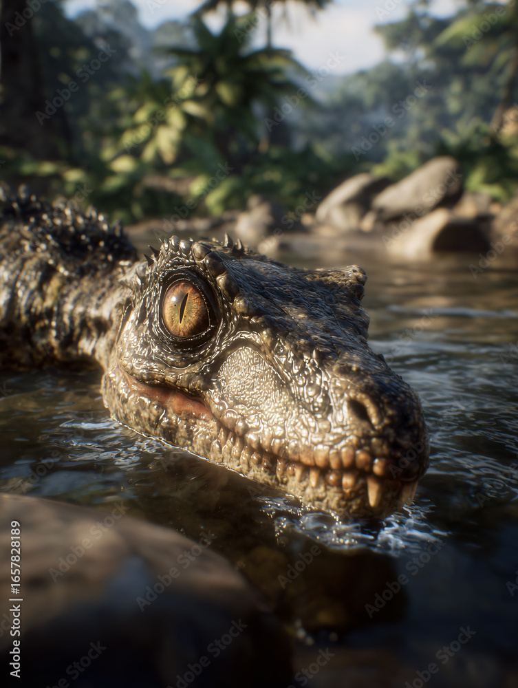 Obraz premium Crocodile Reptile Wildlife Habitat Water Nature Prehistoric Jungle Closeup Portrait Eyes Environment Predator Ecology Creature Wilderness Stream Predatory Landscape Forest Greenery Dangerous Ferocious