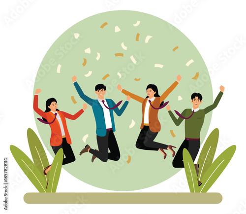 Happy office workers concept, business people office worker jump to celebrate success.