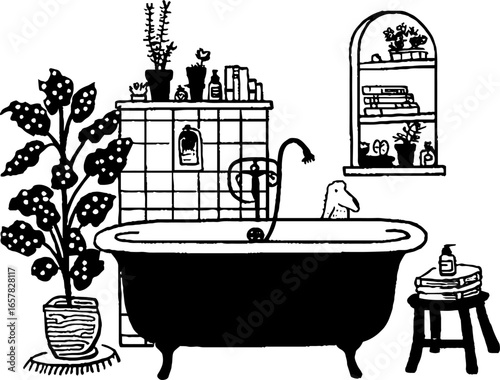Minimalistic black and white bathroom scene with bathtub and indoor plants