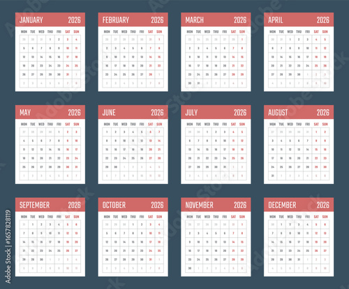 calendar for 2026 starts monday, vector calendar design 2026 year