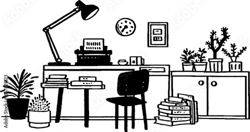 Minimalistic black and white office workspace with typewriter and plants illustration