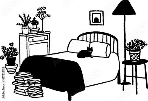 Minimalistic black and white bedroom scene featuring cat and plants