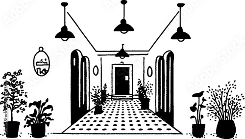Minimalistic black and white hallway illustration with plants and lights for interior design concepts