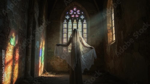 Wallpaper Mural A ethereal figure in a flowing veil stands in an abandoned church, illuminated by colorful rays of sunlight streaming through a stained glass window, evoking a sense of mystery and beauty. Torontodigital.ca