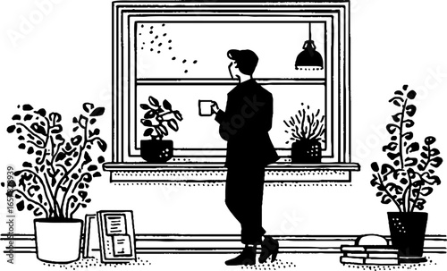 Minimalistic black and white illustration of a person relaxing by window with plants