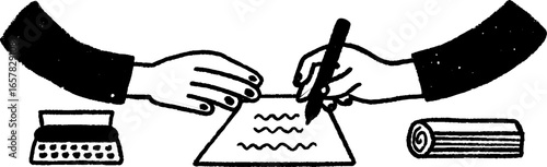 Minimalistic black and white business illustration with typewriter and handwriting theme