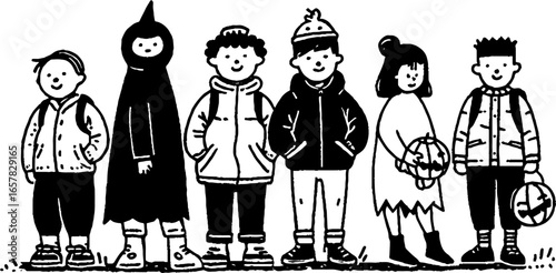 Playful group of children in minimalistic black and white outfits for autumn fun