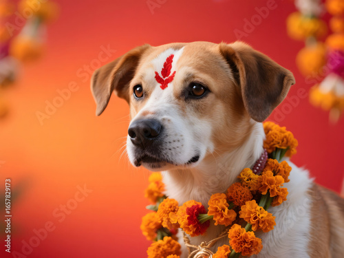 Dog with tika on forehead and garlands of marigolds celebrated during Kukur Tihar in Nepal, symbolizing sacred love, loyalty, and devotion in Hindu traditions of Tihar festival