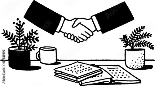 Minimalistic black and white business illustration of handshake and documents