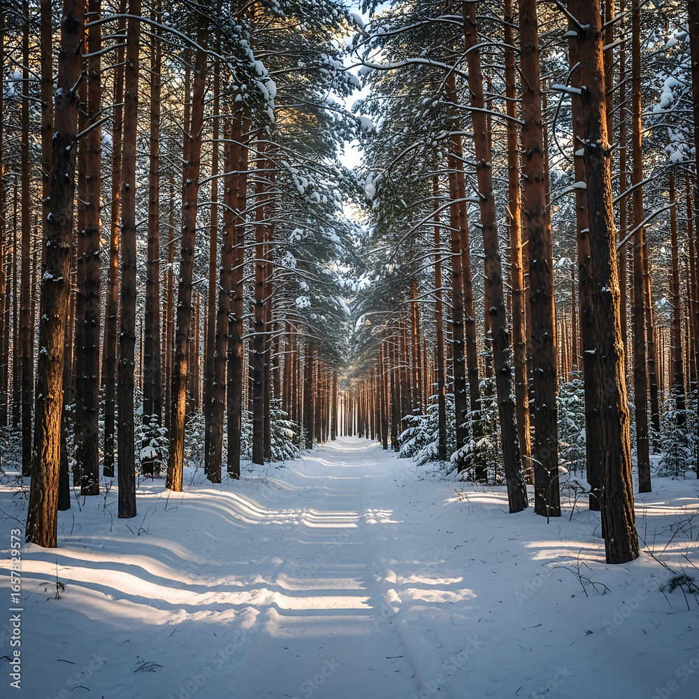 Naklejka premium Snowy Path Through a Pine Forest in Winter