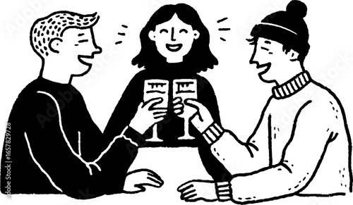 Minimalist black white illustration of friends toasting celebration, minimalistic drawing art.
