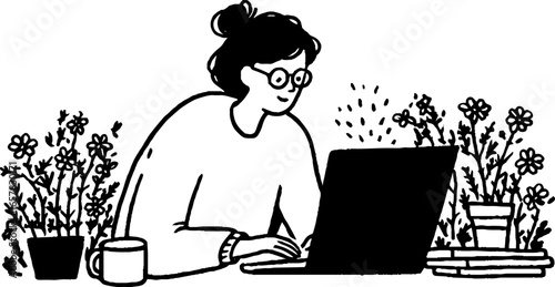 Minimalistic black and white illustration of a person working on a laptop surrounded by plants