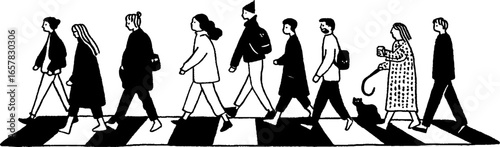 Minimalist black and white people walking in sequence - urban life concept