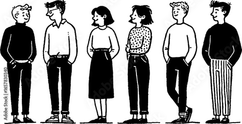 Minimalistic black and white illustration of people in various outfits