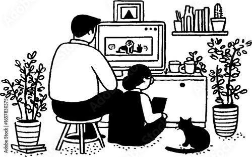 Minimalistic black and white home office scene with computer and plants