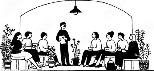 Minimalistic black and white illustration of social gathering in garden setting