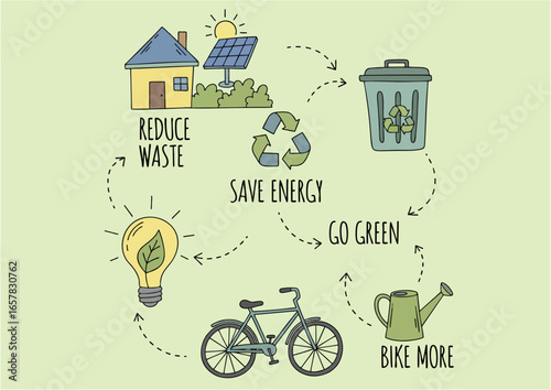 Eco-friendly lifestyle tips doodle illustration
