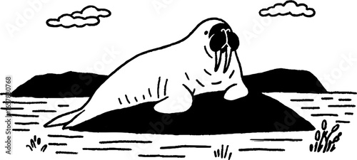 Minimalistic black and white walrus illustration - arctic wildlife design for poster or print