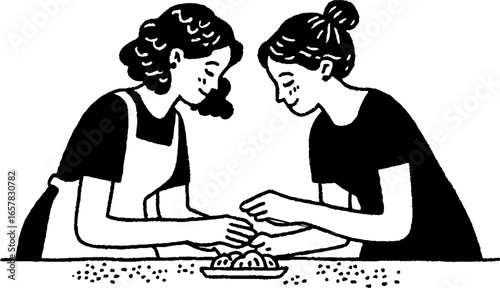 Minimalistic black and white illustration of women cooking together