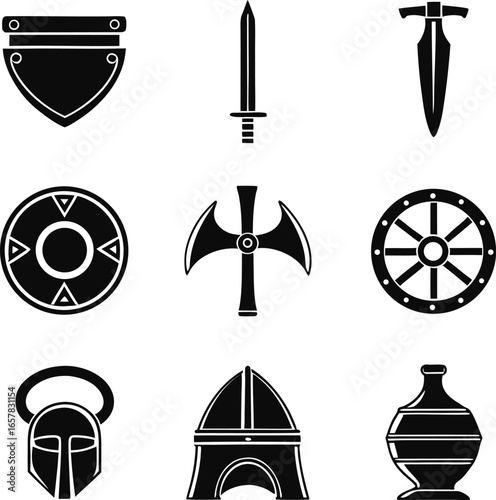medieval, weapon, collection, ancient, warrior, battle, armament, fantasy, knight, viking, simple, solid, black, icon, set, vector