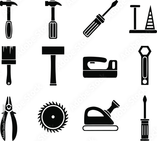 workshop, tool, collection, hardware, equipment, diy, carpentry, construction, repair, simple, solid, black, icon, set, vector