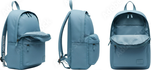 Three angles of a blue fabric backpack with open main compartment and front pocket isolate bag travel