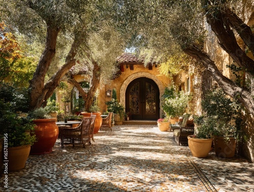 A long walkway with a large archway and a door. There are several potted plants along the walkway