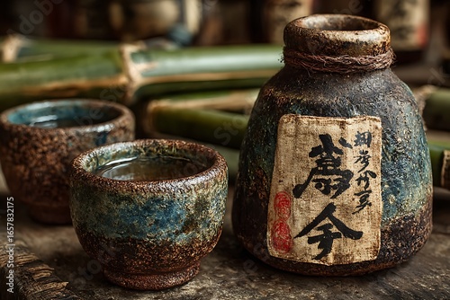 Traditional sake bowl bamboo handcrafted style high resolution picture