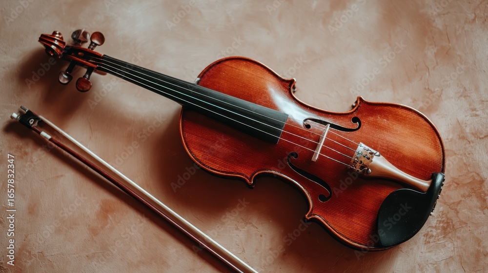 Fototapeta premium A violin and bow lie on a textured brown surface. Warm lighting enhances the rich color of the wood.