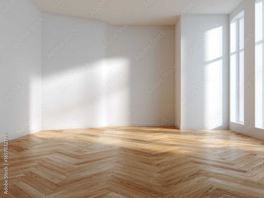 Fototapeta premium A room with a white wall and wooden floors. There is a window in the room