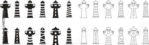 Lighthouse icons set in flat and line styles. Collection of marine navigation, coastal tower, beacon light, sea safety, and ocean guide group. Nautical building symbols for travel and ship design.
