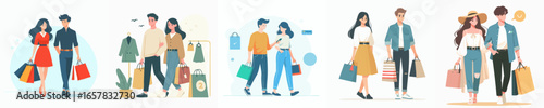 Flat Style Illustration of Happy Couple Shopping at the Mall Scene