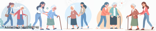 Gentle Handdrawn Caregiver Assisting Senior Woman Walking With Cane Illustration